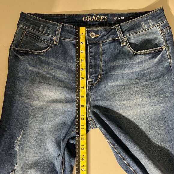 Grace In LA Easy Fit Jeans Womens 31 Blue Stretch Denim Distressed Cropped Capri - Picture 12 of 16